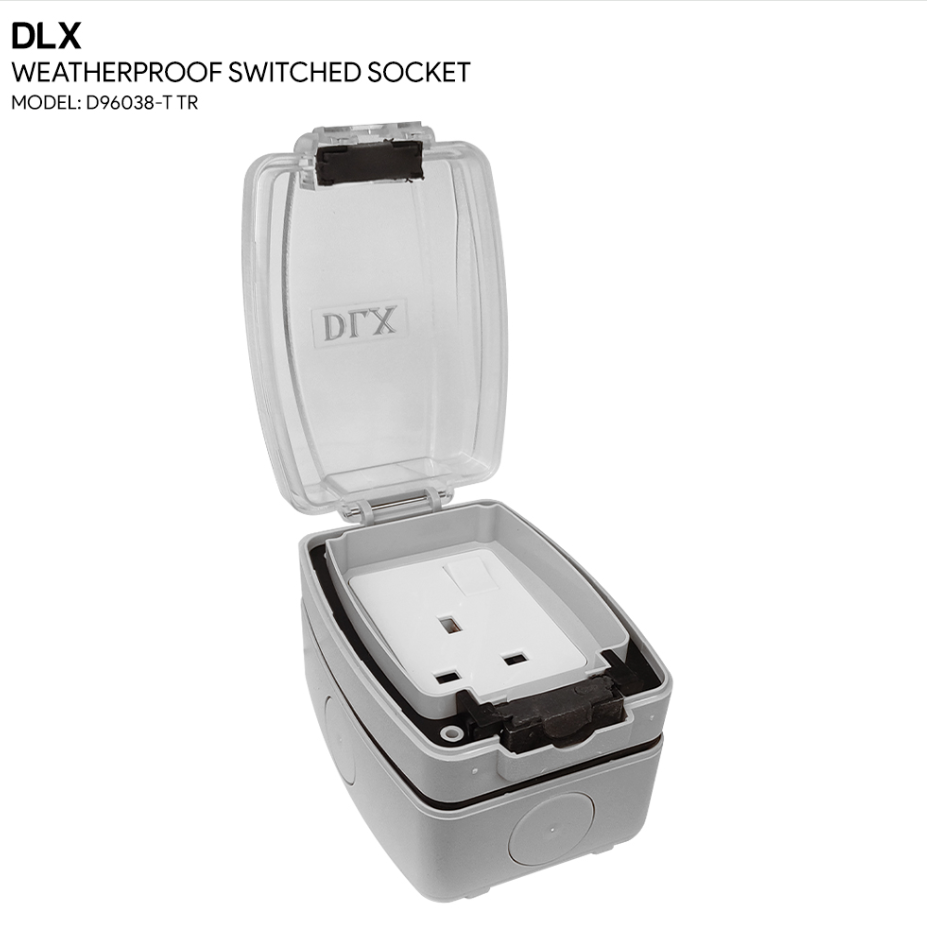 DLX WEATHERPROOF 13A SINGLE SOCKET TRANSPARENT COVER + GREY BODY (D96038-T TR)