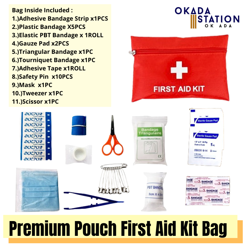 Premium Pouch First Aid Kit Bag 21cm x 17cm (11 Item/Set) / First Aid Bag / Emergency Bag / Health Care / Ourdoor Emergency Bag / Portable First Aid Kit / Premium First Aid Pouch / Mini First Aid Kit