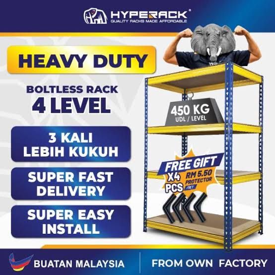 HYPERACK™️ [High Quality] Boltless Rack / Rak Besi 150CM X 4LEVELS - (D45CM X L180CM)
