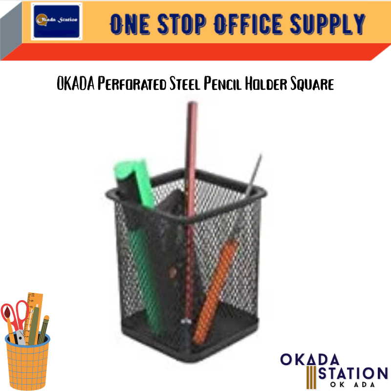OKADA Perforated Steel Pencil Holder Square Hole 8cm X 9.5cm / Okada / Pencil Holder / Okada Square Hole Pencil Holder / Pen Holder / Okada Metal Pencil Holder