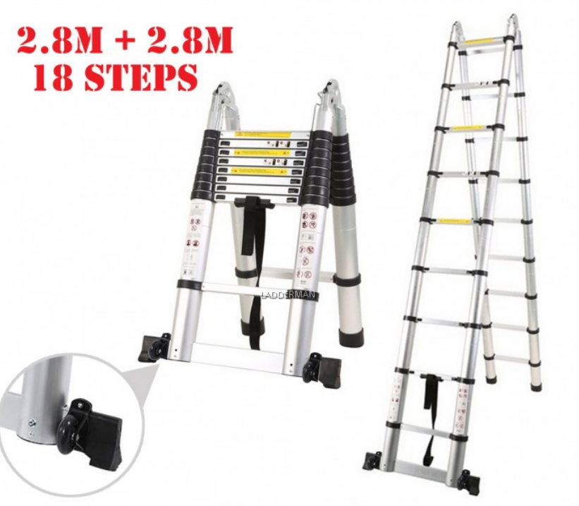 5.6M (2.8M+2.8M) DOUBLE-SIDED MULTIPURPOSE TELESCOPIC ALUMINIUM LADDER WITH ROLLER