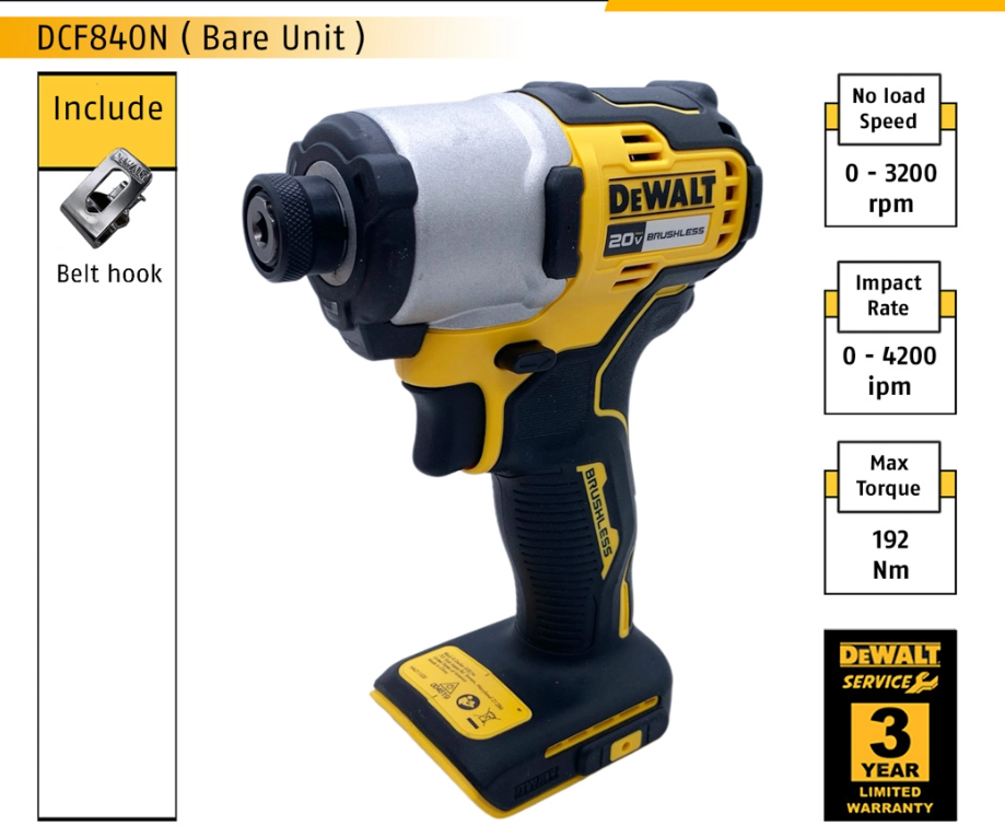 DEWALT DCF840N-B1 1/4" ( 6.35MM ) 18/20V BRUSHLESS CORDLESS IMPACT DRIVER DCF840N ( BARE UNIT )