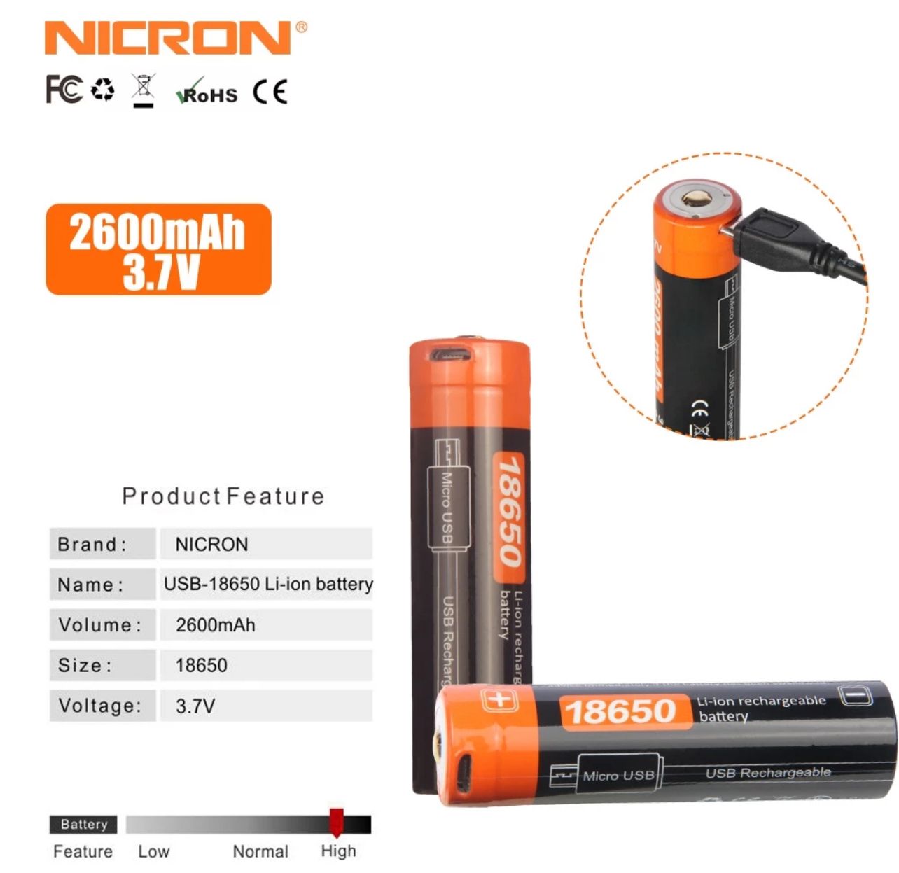 Nicron 18650 High Capacity Battery - N8/B70/B70plus/N8F/B60/H25/B71/N6/B200/F81 NRB-L2600 (2600mAh)