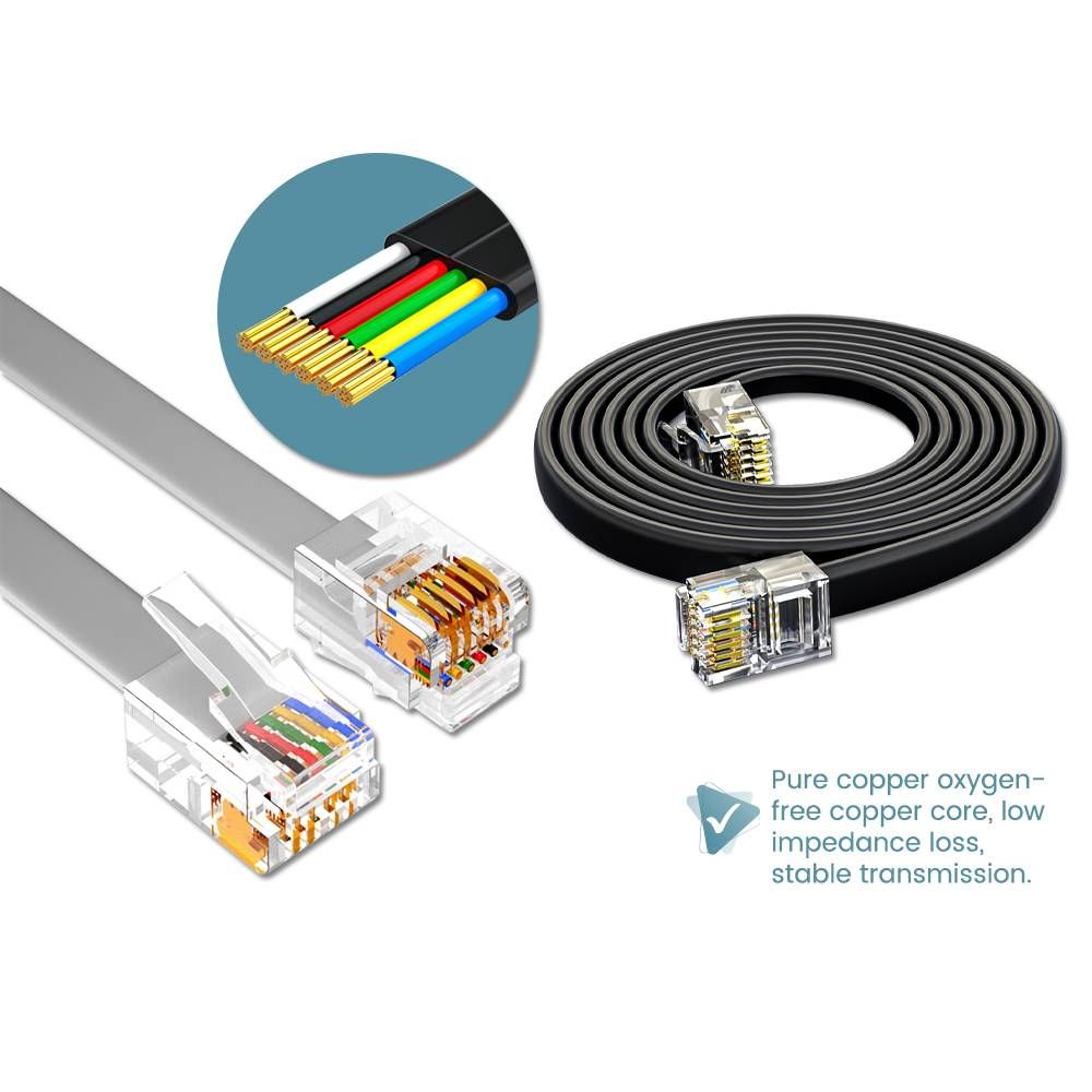 RJ12 6P6C FLAT STRAIGHT LANDLINE OXYGEN FREE COPPER TELEPHONE CABLE
