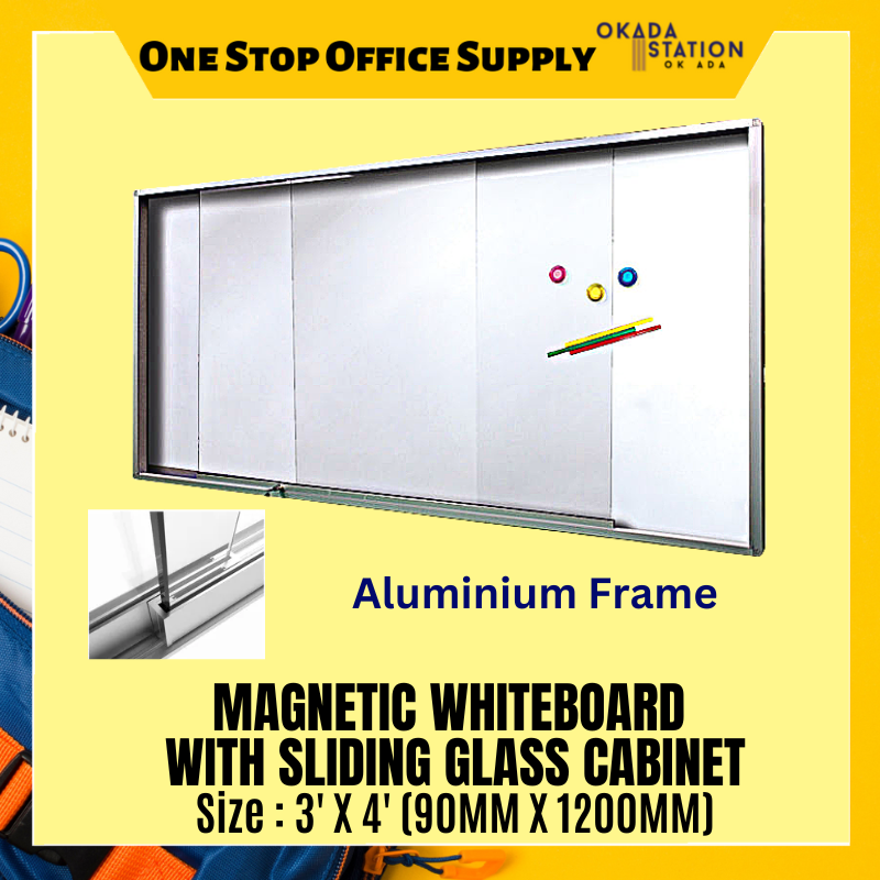 ALUMINIUM FRAME MAGNETIC WHITEBAORD WITH SLIDING GLASS CABINET 3' X 4' MAGNETIC WHITEBAORD WITH SLIDING GLASS CABINET (ALUMINIUM FRAME) - WITHOUT INSTALLATION & WITH INSTALLATION / MAGNETIC WHITEBOARD / WHITEBOARD / GLASS CABINET WHITEBOARD / WHITEBOARD WITH SLIDING GLASS CABINET / SCM-34