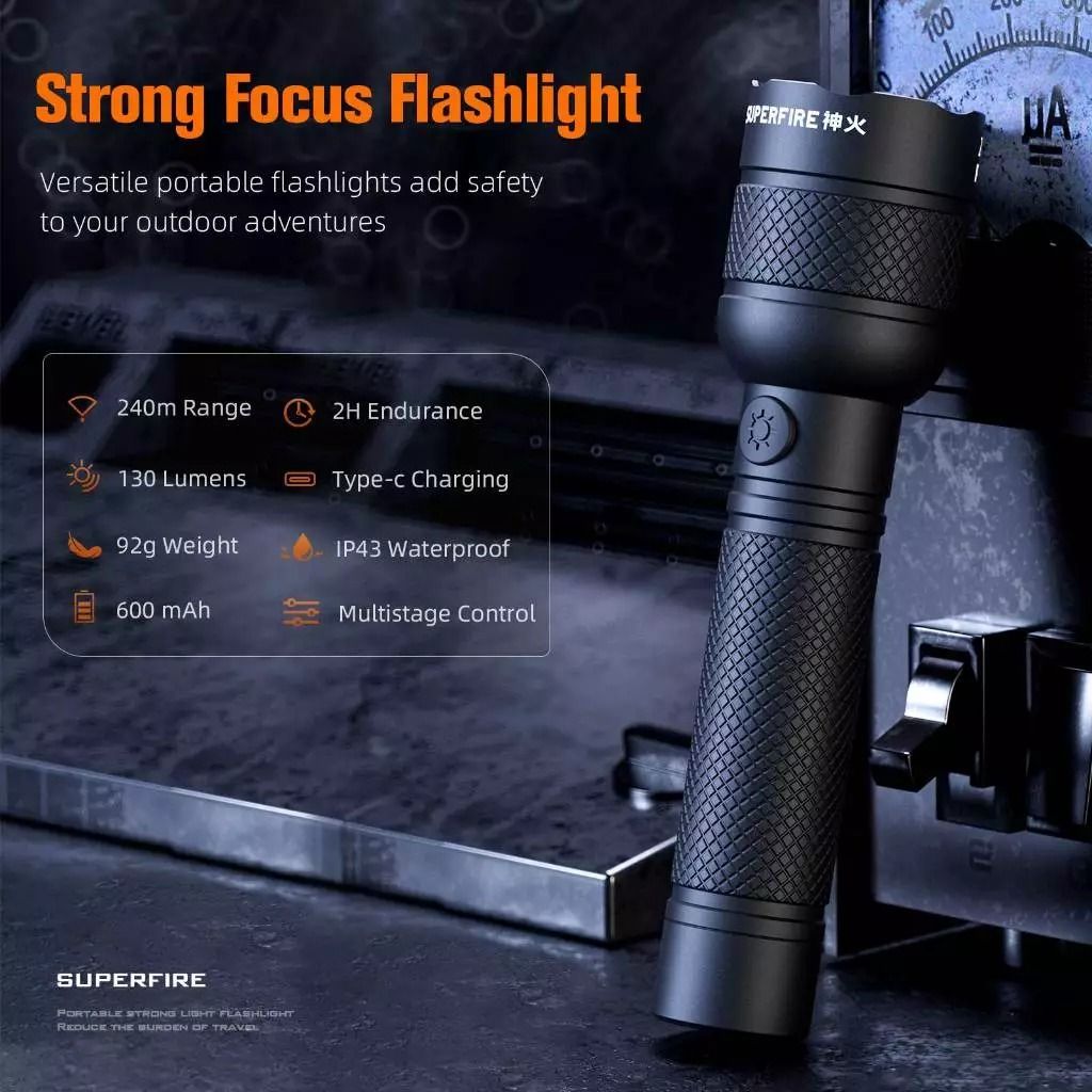 SUPERFIRE RG03 3W Zoom Flashlight Portable Long-range Torch USB Rechargeable