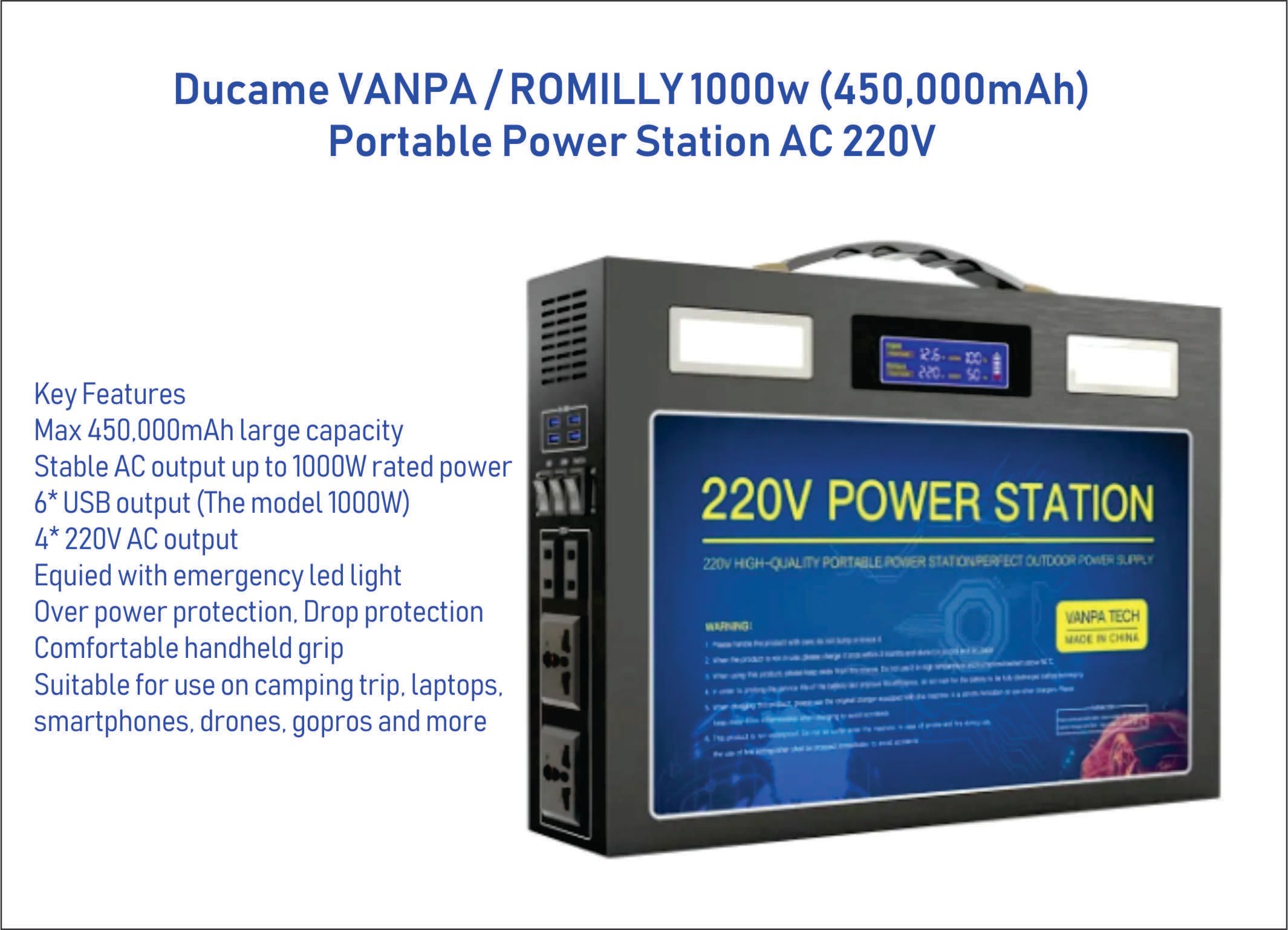 VANPA 1000w (450,000mAh) Portable Power Station AC 220V Output VANPA /ROMILLY 1000w (450,000mAh) Portable Power Station AC 220V Output