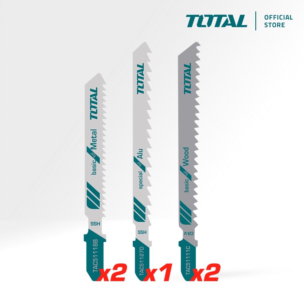 TOTAL JIG SAW BLADE SET METAL (2.5MM-6MM X 2 PCS) + WOOD (4MM-50MM/2 PCS) + ALUMINIUM TAC51051