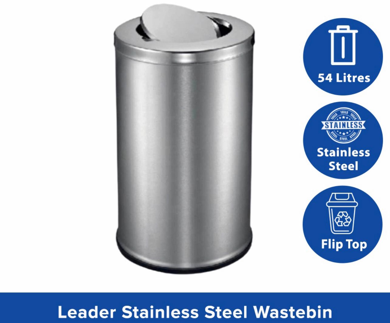 Stainless Steel Dustbin Round Rubbish Bin Swing Top Trash Can Garbage Bin 54L