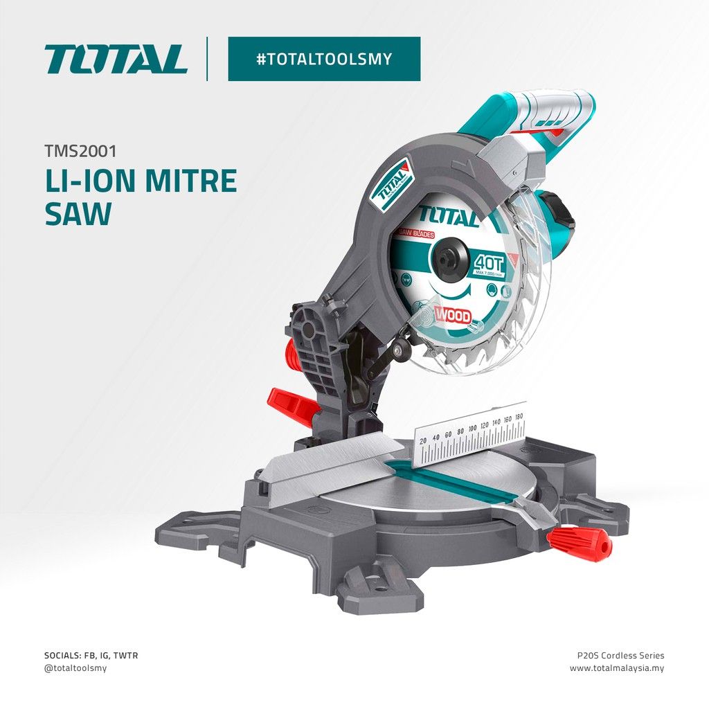 TOTAL TMS2001 LI-ION MITRE SAW (WITH INFRARED POSITIONING LIGHT. PACKAGE COMES WITH FREE 1 PC SAW BLADE (210MM) FOR WOOD 1 PC HEX KEY 1 PC DUST BAG 1 PC VERTICAL CLAMP)