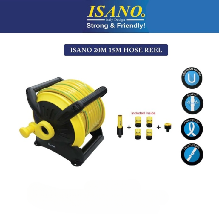 ISANO 20M & 15M HOSE REEL SET WITH ACCESSORIES 1/2 HOSE WALL MOUNTED
