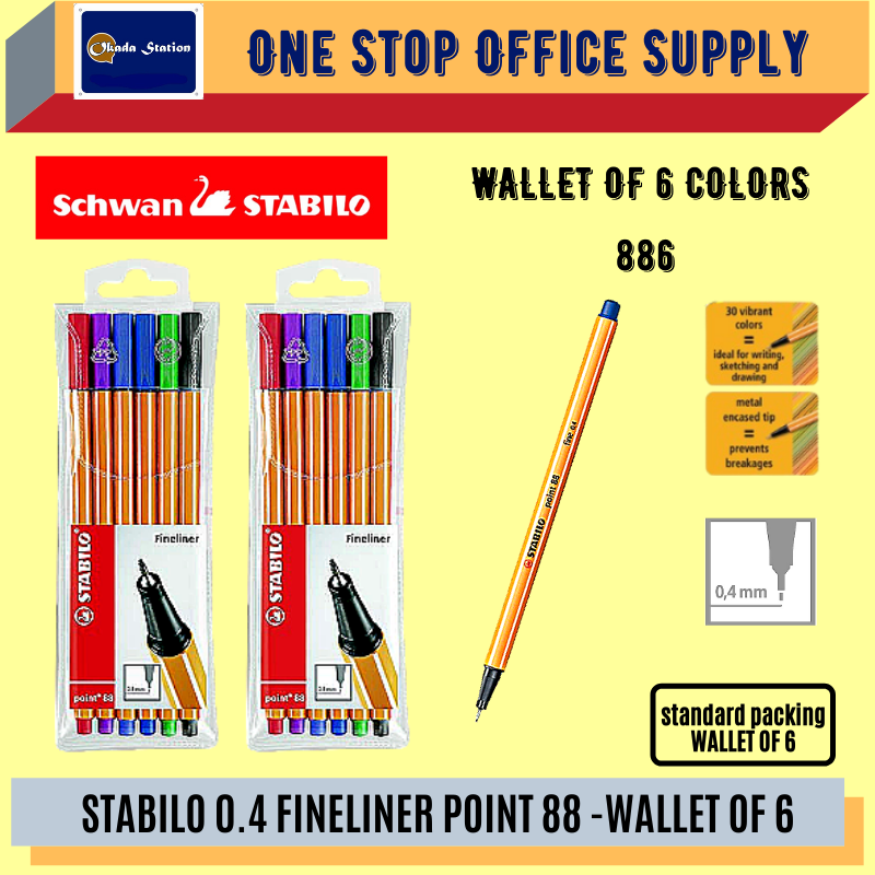 STABILO 0.4MM FINELINER POINT 88 -6 COLORS / Stabilo / Fineliner Point / Stabilo 0.4mm Fineliner Point / Wallet Of 6 / Stabilo Pen