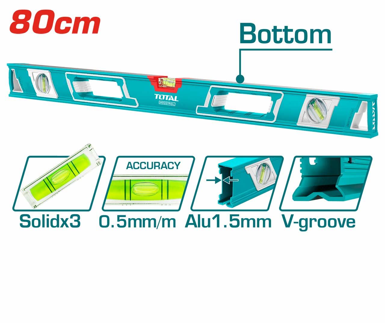 TOTAL SPIRIT LEVEL 80CM W/ 3 VIALS ACCURACY: 0.5MM/M MILLED SURFACES V-GROOVE - TMT28086
