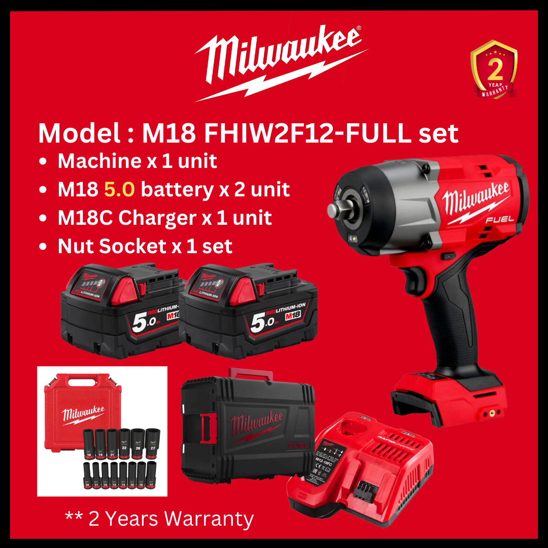 Milwaukee M18 FHIW2F12 2169Nm High Torque Impact Wrench with battery and Bolt Nut Set / Milwaukee Impact Wrench