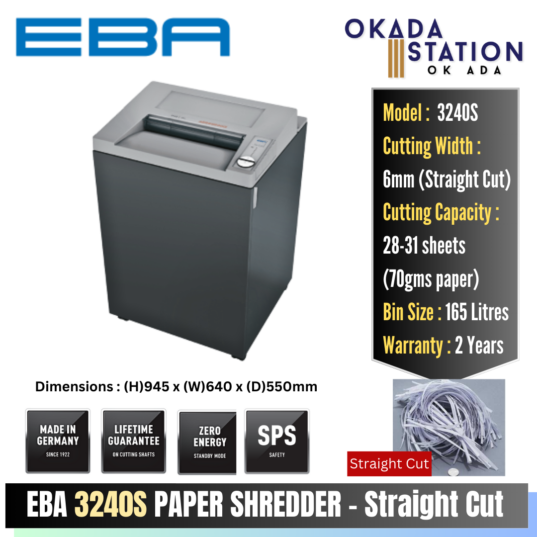 EBA Heavy Duty Paper Shredder 3240S / 3240C - (Straight Cut) (Cross Cut) / EBA / Paper Shredder / Straight-Cut / Cross-Cut / 3240S / 3240C / Mesin Pencincang