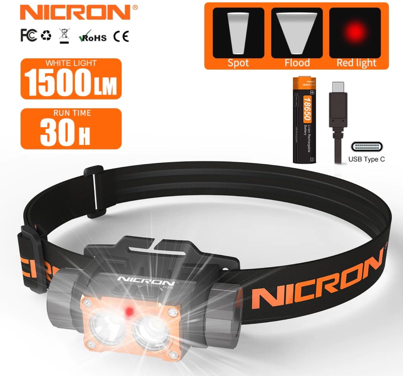 NICRON Flashlight H25/H28 Headlamp 1500lumens/1600lumens High Brightness Double-Switch Control LED Headlight 18650 Waterproof