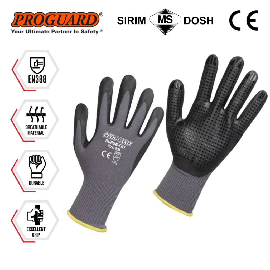 DURON 15 Gauge Black Nylon Shell Nitrile Dot Microfoam Coated Grip Glove