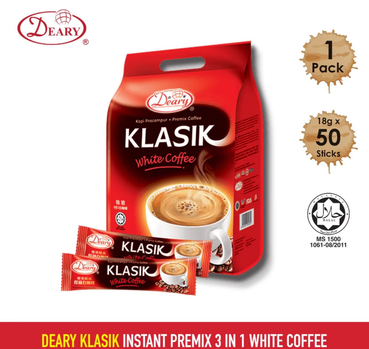 Deary Klasik 3in1 Instant White Coffee (50 Sticks x 1Pack)