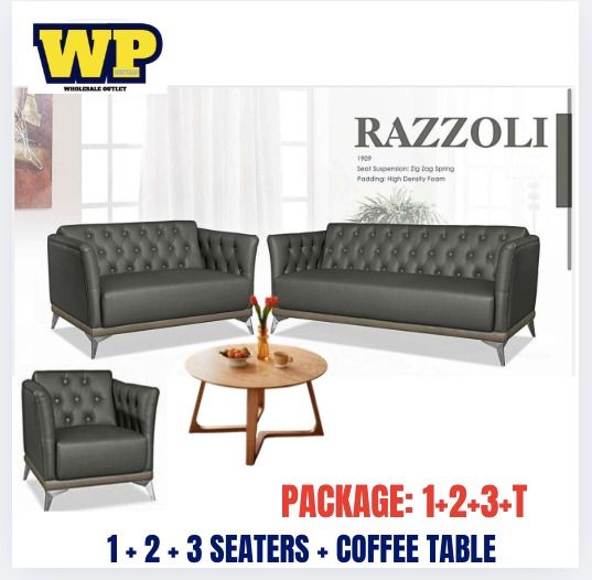 RAZZOLI SERIES OFFICE SOFA SET (1 + 2 + 3 SEATER + COFFEE TABLE) / 3 UNIT SOFA WITH TABLE SET / OFFICE SOFA WITH TABLE / OFFICE SOFA / VISITOR SOFA / SOFA PELAWAT / SOFA PEJABAT / SOFA / PU LEATHER / FABRIC / RAZZOLI 1909