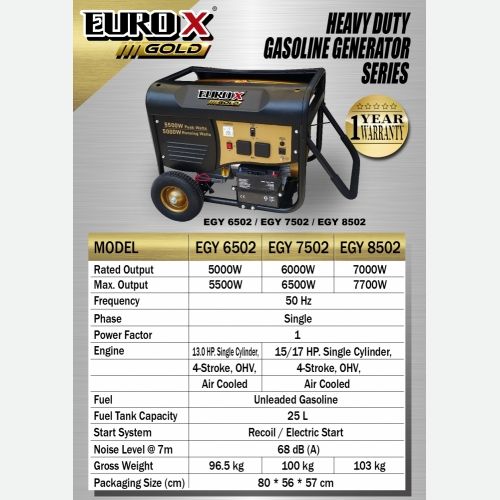 EURO X EGY 7502, 8502, 9502 (L) Heavy Duty Gasoline Generator FREE DELIVERY