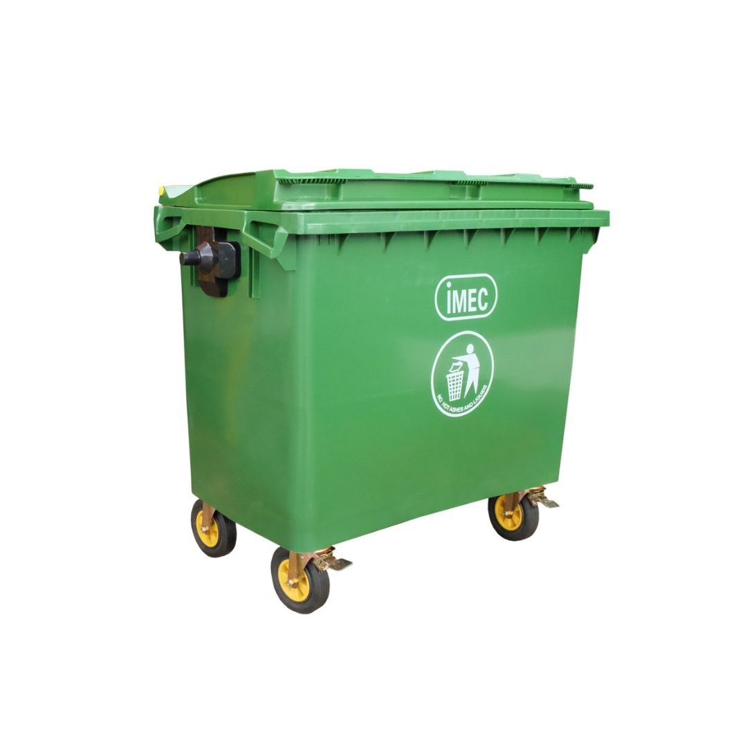 GREEN LARGE OUTDOOR DUSTBIN WITH ROLLER 600L
