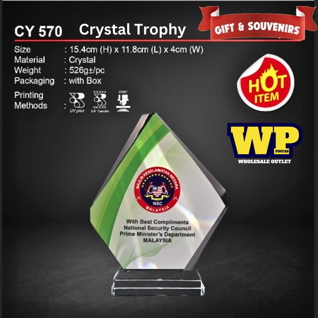 WP GIFT & SOUVENIRS : CY 570 CRYSTAL TROPHY WITH PRINTING / CRYSTAL AWARD / AWARD TROPHY / CRYSTAL / TROPHY / AWARD / CY 570 / 526g