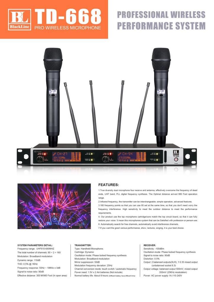 BLACKLINE TD668 (TD-668) DUAL CHANNEL TRUE DIVERSITY HANDHELD WIRELESS MICROPHONE SYSTEM