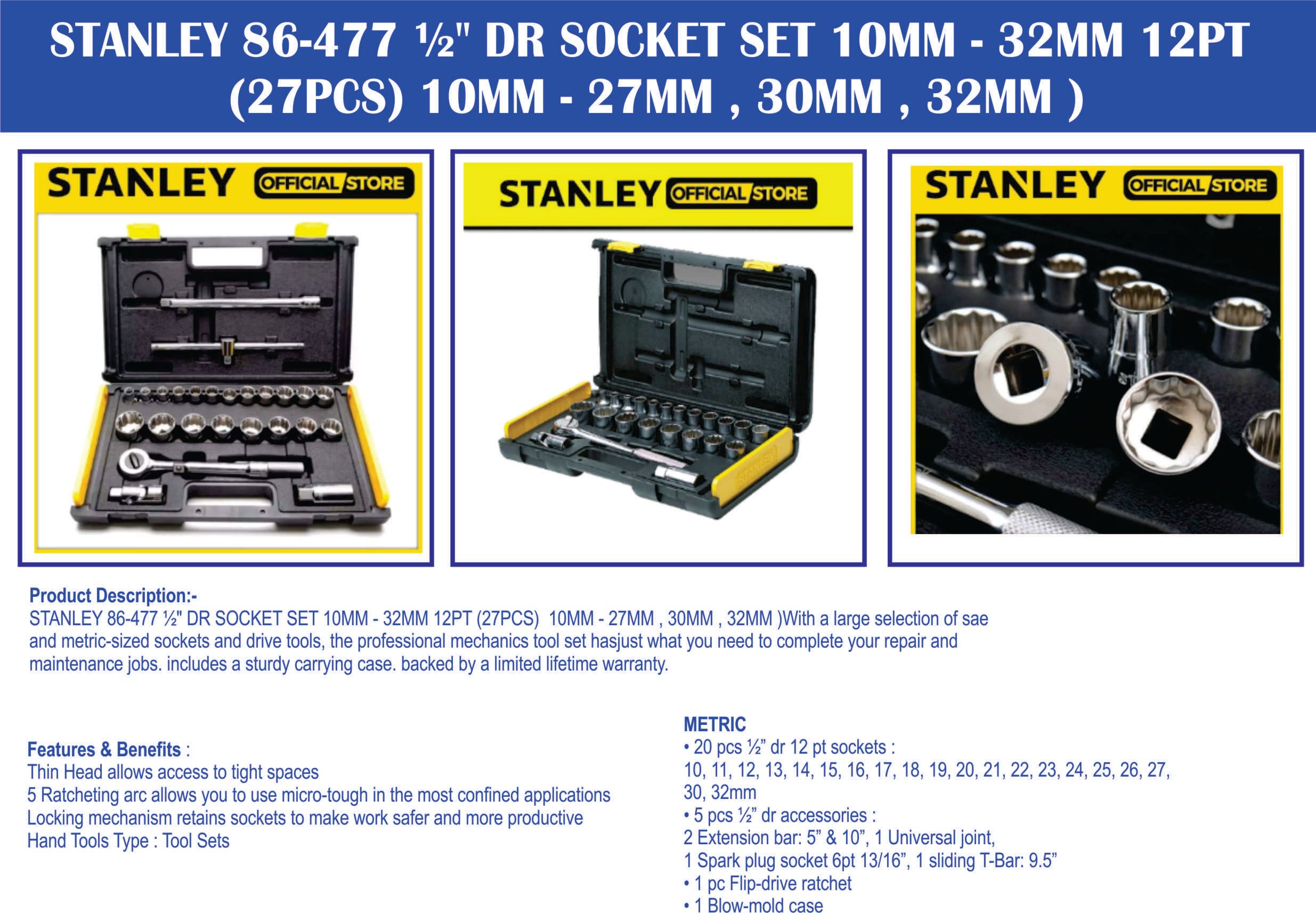 STANLEY 86-477 1/2" DR SOCKET SET 10MM - 32MM 12PT (27PCS) 10MM - 27MM , 30MM , 32MM ) OCHA STANLEY 86-477 1/2" DR SOCKET SET 10MM - 32MM 12PT (27PCS) 10MM - 27MM , 30MM , 32MM )- FREE DELIVERY MALAYSIA