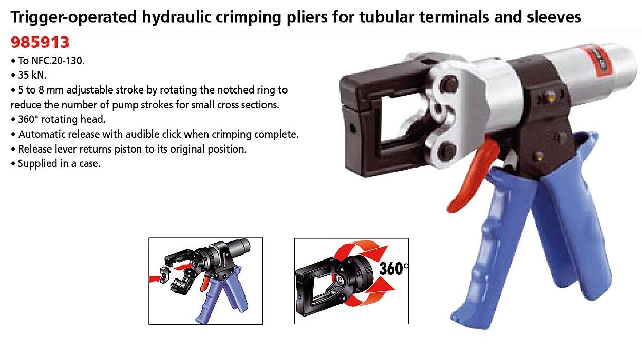 Facom 985913 Trigger – Operated Hydaulic Crimping Pliers For Tubular Terminals & Sleeves