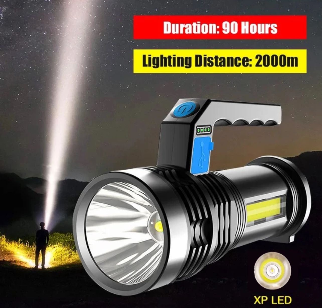 Tanje Torchlight High Power Super Bright LED Searchlight Outdoor Handheld Portable Spotlight Rechargeable Flashlight USB Long Shots Lamp