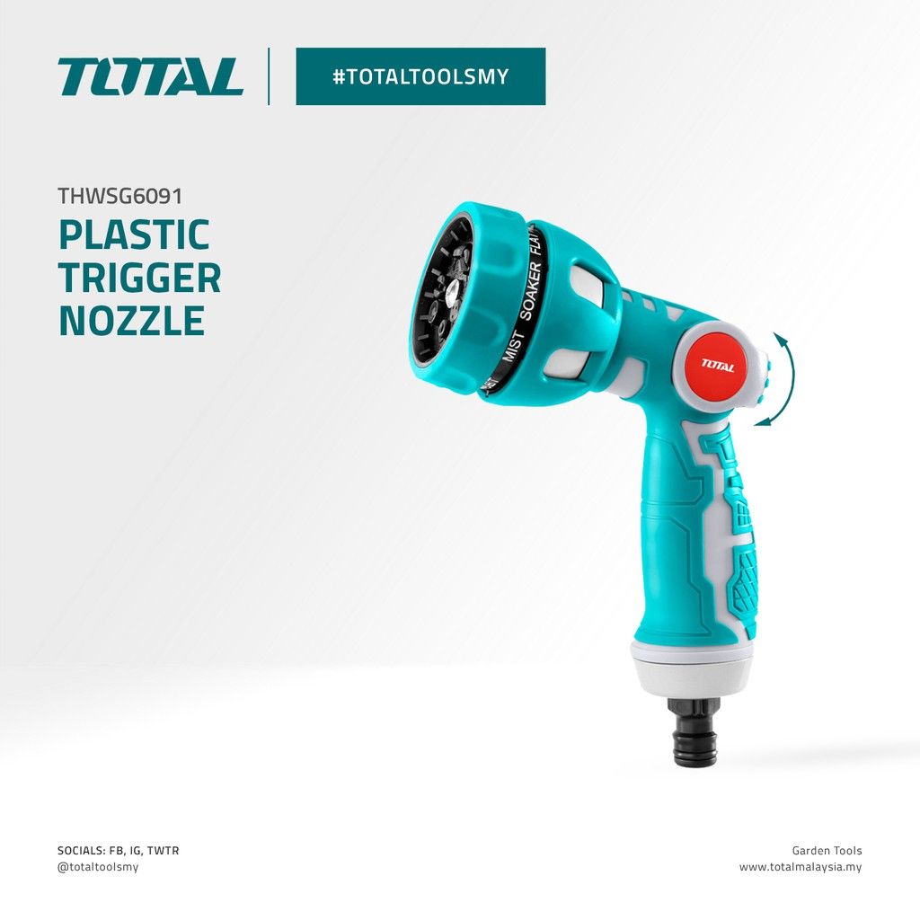 TOTAL THWSG6091 PLASTIC TRIGGER NOZZLE (SUITABLE WITH 3/4? GARDEN HOSE WITH 9 DIFFERENT SPRAY PATTERNS.)