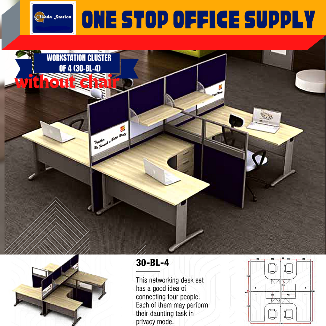 VS WORKSTATION SET CLUSTER OF 4 (WITHOUT CHAIR) -( 30-BL-4 ) / WORKSTATION / 30-SYSTEM / CLUSTER OF 4 / 30-BL-4 / TABLE TOP PANEL / OFFICE TABLE / 4 SEAT / OFFICE TABLE WITH PARTITION