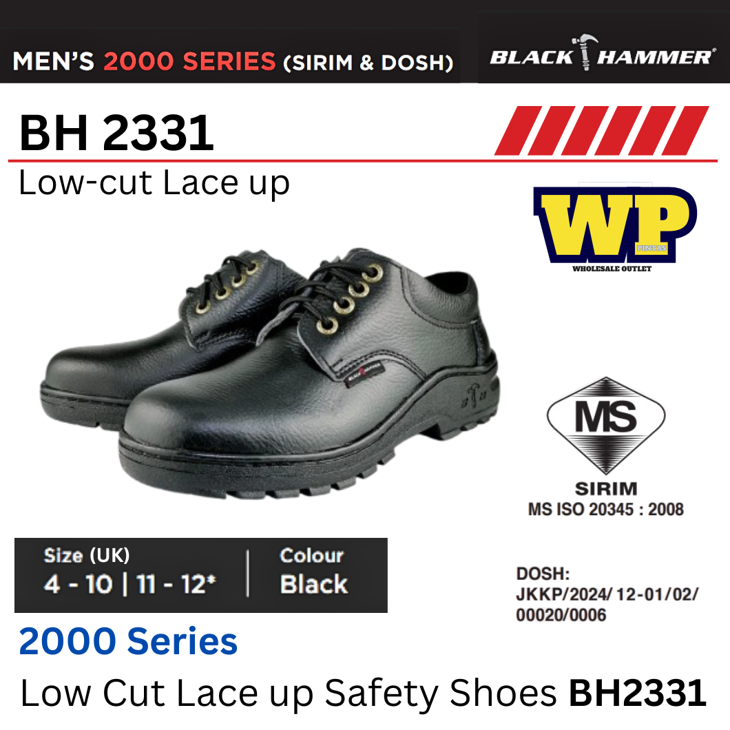 Black Hammer 2000 Series Low Cut Lace up Safety Shoes (SIRIM & DOSH) - BH2331 / Black Hammer / Black Safe / Low-cut Lace up / Safety Shoes / Safety Boots / Foot Protect / Kasut Kilang / Kasut Keselamatan / BH2331