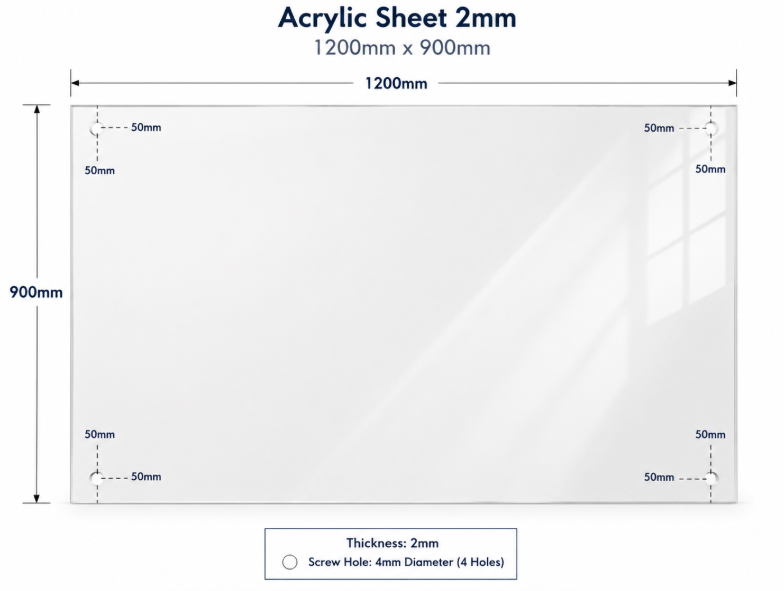 Acrylic Sheet 2mm (1200mm x 900mm) with 4 screw holes