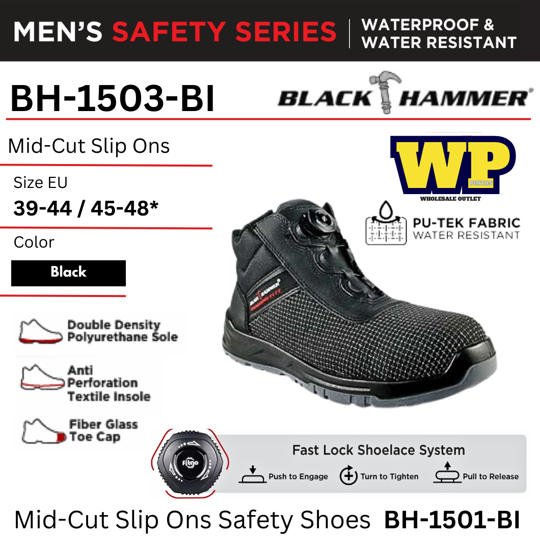 BLACK HAMMER MEN SPORT SERIES MID-CUT WITH FASTLOCK SAFETY SHOES - (BH-1503-BI) / BLACK HAMMER / BLACK SAFE / MID-CUT SLIP ONS / SAFETY SHOES / SAFETY BOOTS / FOOT PROTECT / WATERPROOF / KALIS AIR / KASUT KILANG / KASUT KESELAMATAN / BH-1503-BI
