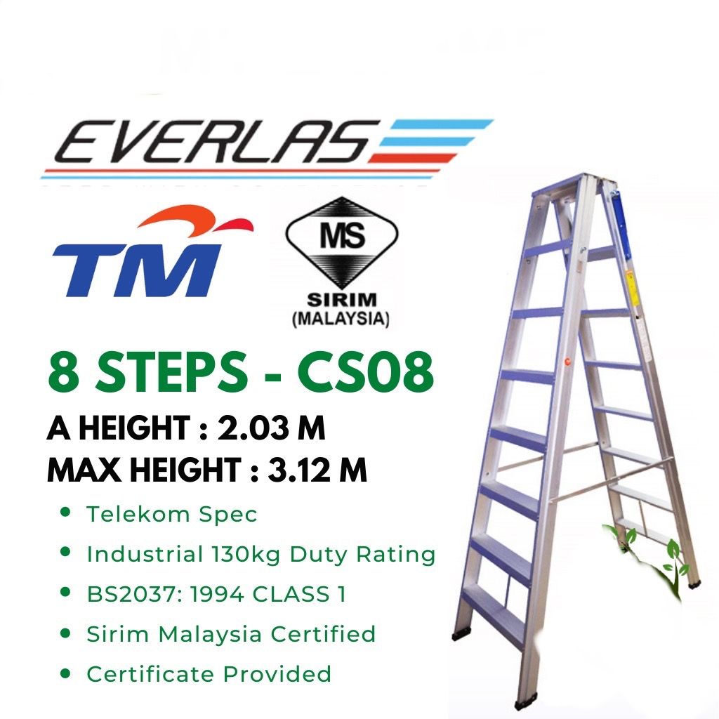 Everlas BS2037 1994(Class 1 Industrial) Heavy Duty Double Sided Ladder Spec Telekom 8 Steps (SIRIM)