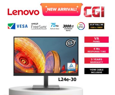 LENOVO MONITOR / MONITOR SCREEN / L24E-30 / 23.8 INCH / EYE COMFORT / FREESYNC / OFFICE MONITOR / PC MONITOR