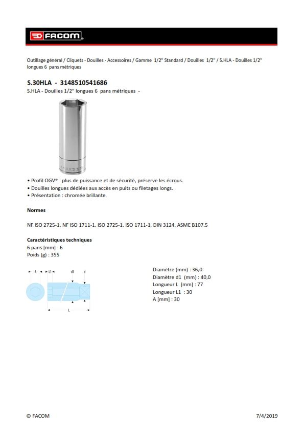 Facom 30mm Hex Socket With 1/2 in Drive , Length 77 mm