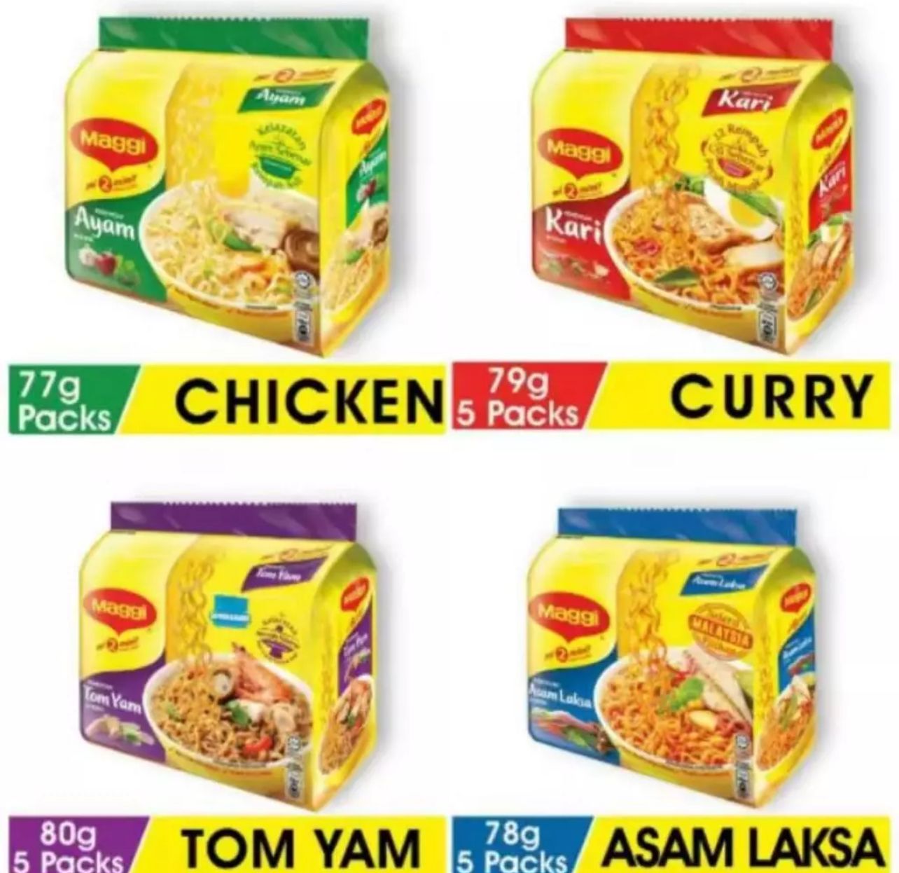Maggie Maggi kari/ayam/tomyam/asam laksa instant noodles 5x77g-80g