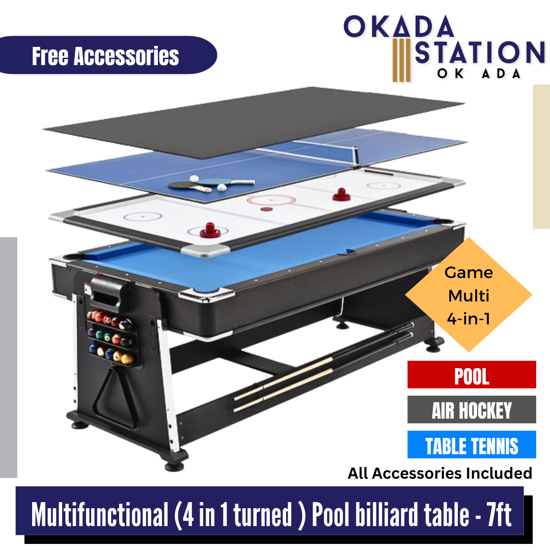 Okada Donkeez Sports Multifunctional (4 in 1 turned ) Pool billiard table - 7ft / 4 Games Table / Billiards Table / Pool Table / Ping pong Table / Table Tennis / Air Hockey Table / Flat Table
