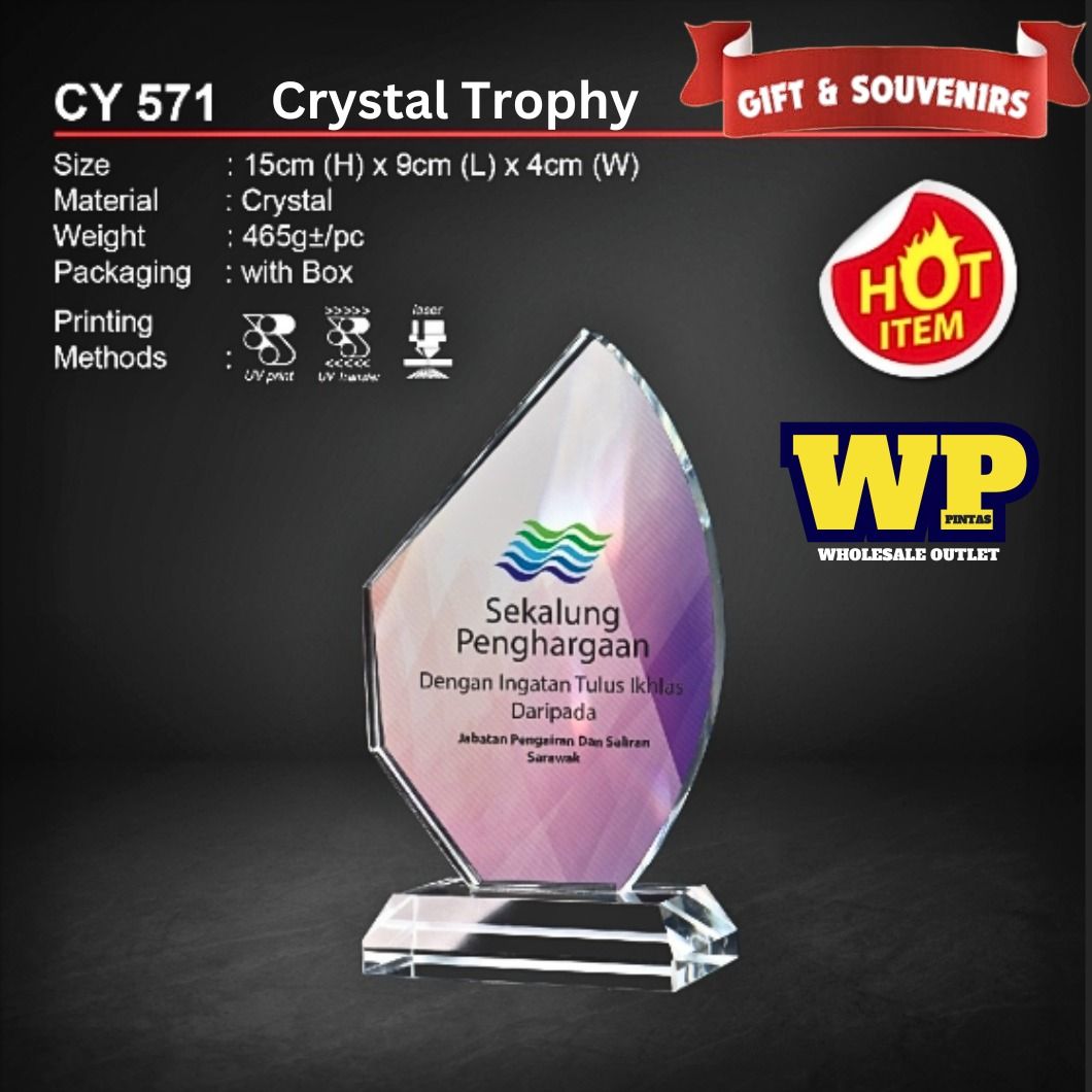 WP GIFT & SOUVENIRS : CY 571 CRYSTAL TROPHY WITH PRINTING / CRYSTAL AWARD / AWARD TROPHY / CRYSTAL / TROPHY / AWARD / CY 571 / 465g