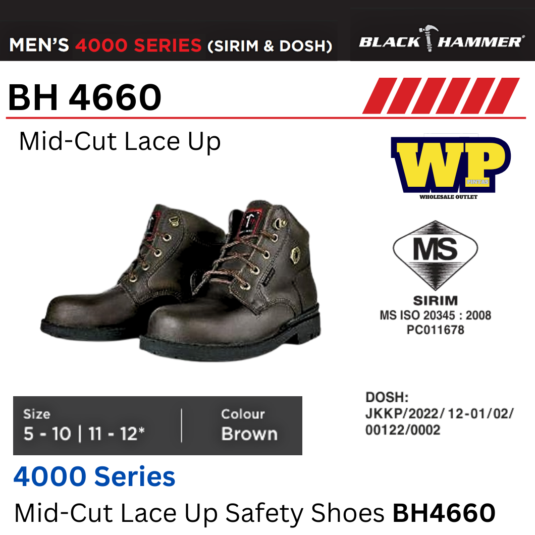 Black Hammer 4000 Series Mid-Cut Lace Up Safety Shoes (SIRIM & DOSH) - BH4660 / Black Hammer / Black Safe / Mid-Cut Lace Up / Safety Shoes / Safety Boots / Foot Protect / Kasut Kilang / Kasut Keselamatan / BH4660