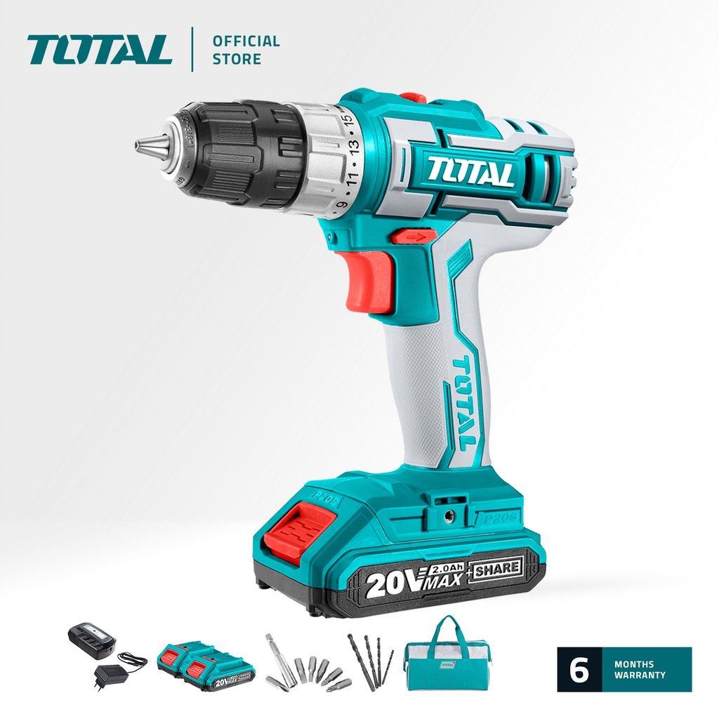 TOTAL TDLI20025 LI-ION CORDLESS DRILL (PACKAGE COMES WITH 2 PCS 20V 2.0AH BATTERIES 1 PC CHARGER 1 PC CANVAS BAG 4 PCS HSS DRILL BITS 1 PC MAGNETIC HOLDER 6 PCS CR-V SCREWDRIVER BITS 36 PCS SCREWS)