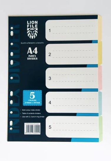 LIONFILE INDEX 120GSM COLOR PAPER 5 PART INDEX DIVIDER