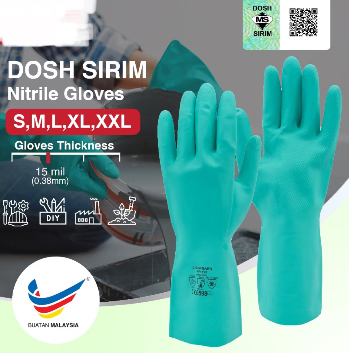 Chem-Gard Glove DOSH SIRIM Certified Flocklined Nitrile Glove NF1513 Sensitive Skin Eczema Chemical Resistant