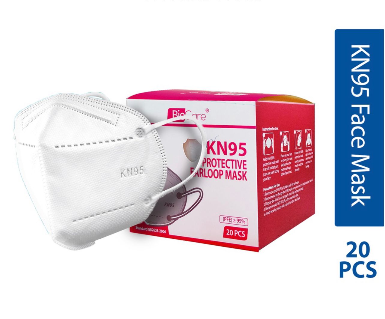 Biocare KN95 Foldable Protective Earloop Mask 20pcs (PFE) ≥ 95%