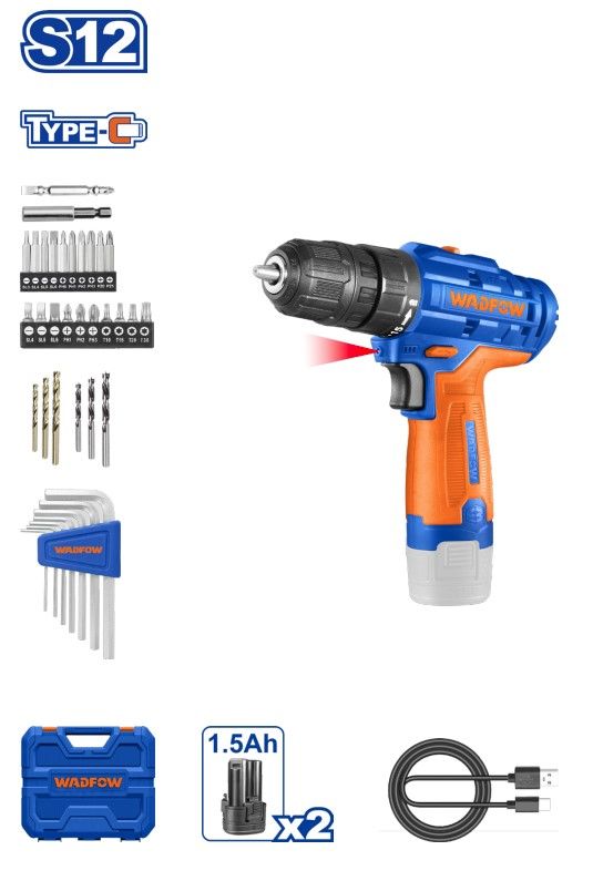 WADFOW LITHIUM-ION CORDLESS DRILL (20NM, 0.8-10MM,TORQUE SETTINGS: 15+1,0-400/0-1500RPM)MECHANICAL 2-SPEED GEAR -WCDS525