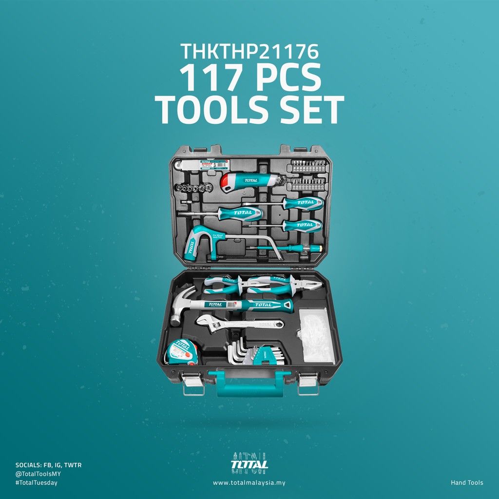 TOTAL TOOLS SET WITH PLIERS SCREWDRIVER HACKSAW FRAME KNIFE WRENCH BLADE & SCREWS (117 PCS) THKTHP21176