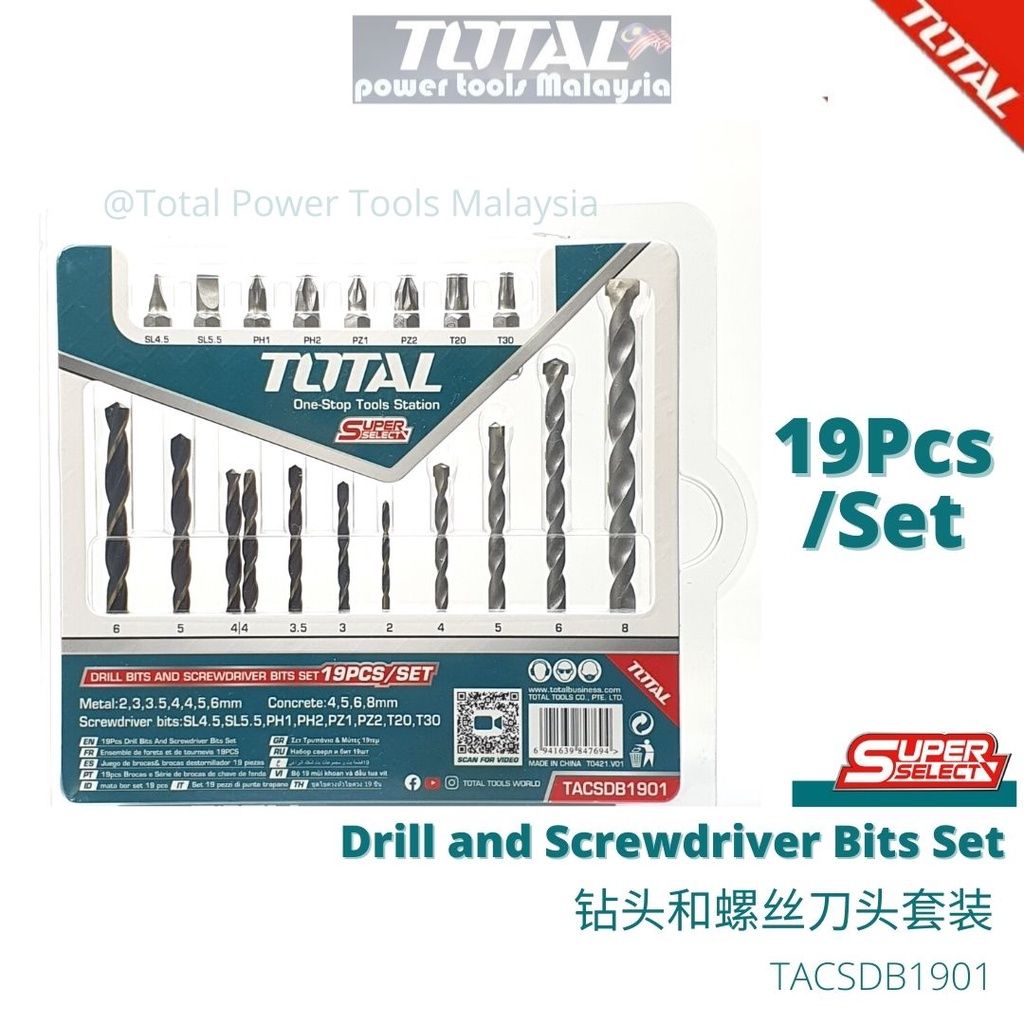 TOTAL 19 PCS DRILL AND SCREWDRIVER BITS SET - TACSDB1901