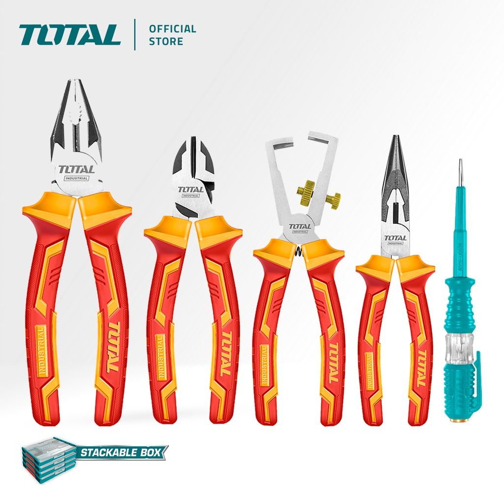 TOTAL INSULATED HAND TOOLS SET WITH LONG NOSE + WIRE STRIPPING + DIAGONAL + COMBINATION PLIERS (5 PCS) THKTV02P051